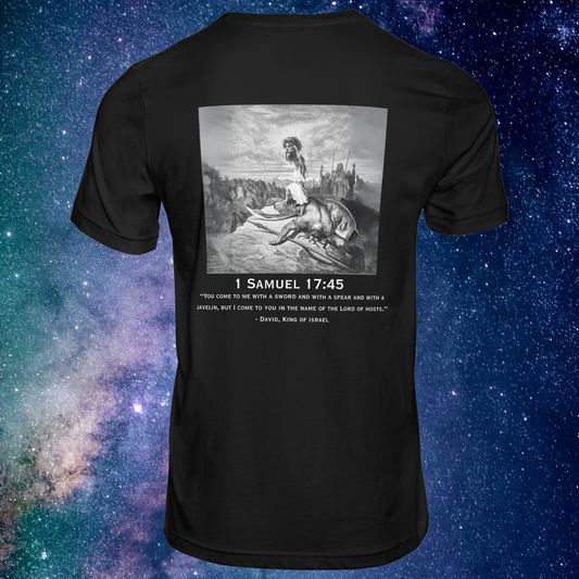 Sling Rocks Like David – Rear Wolf Warrior of Faith Tee (Black Edition)