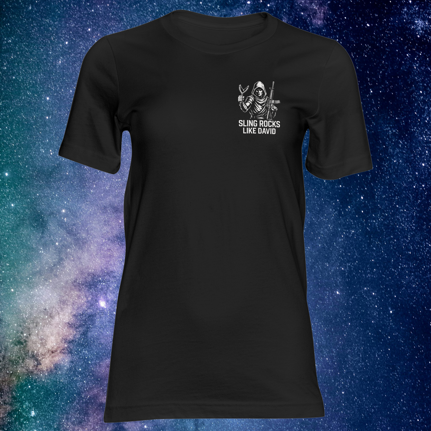 Sling Rocks Like David – Rear Wolf Warrior of Faith Tee (Black Edition)