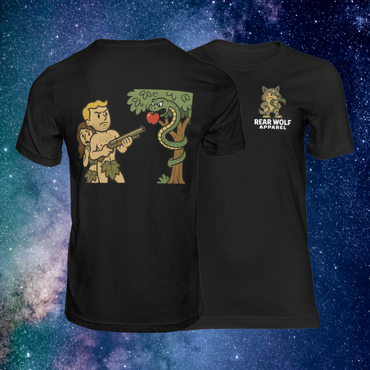 Protect the Garden – Adam & Eve Rear Wolf Cartoon Gospel Tee (Black Edition)
