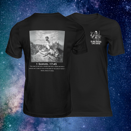 Sling Rocks Like David – Rear Wolf Warrior of Faith Tee (Black Edition)